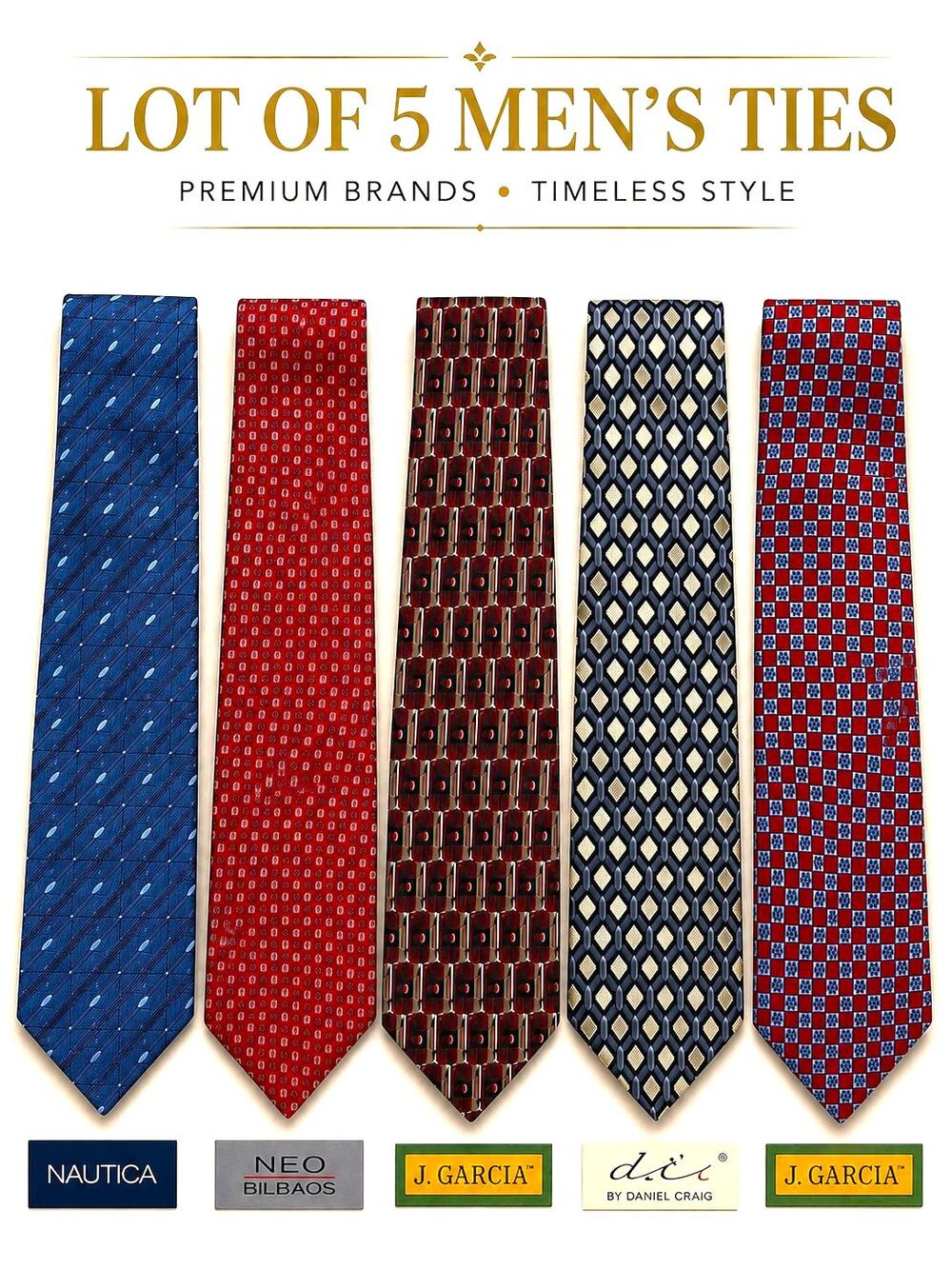 Lot of 5 Men's Designer Neck Ties Nautica J Garcia Bill Glass Daniel Craig Silk